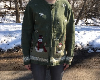 Ugly Christmas Sweater Vintage 80's Authentic Tacky Ugly Christmas Sweater Party Women's Large Croft Snowman Christmas Tree Green Bedazzled