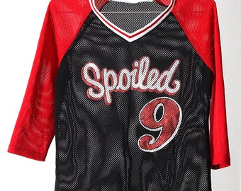 Sheer Fishnet 90s "Spoiled" Sporty Red and Black Baseball-Style Shirt