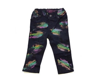 Girls Painted Jeans, Girls Skinny Jeans, Girls Rainbow Jeans, Hand Painted Jeans, Girls Denim, Girls Jeans, Painted Denim, Baby Skinny Jeans