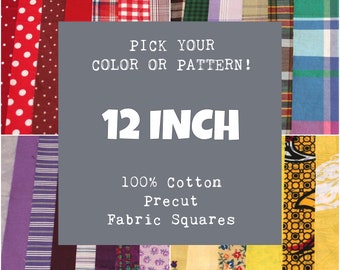 12 Inch Precut Fabric Squares, 100% Cotton, Pick Your Color or Pattern, 10 Quilt Squares