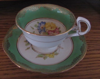 Royal Mayfair Bone China cup and saucer Green & White with floral and Gold trim, numbered, England