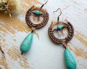Turquoise, Wire wrapped earrings, Boho,Rustic, Copper earrings, handmade, Wire wrapped jewelry, Wire earrings, Turquoise jewelry, womens