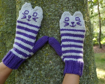 Knit Purple and Grey Cat Mittens - Handmade Knitted Cat Mittens - Vegan Cat Mittens - Hand Knit Animal Mittens - Original Kitten Mittens