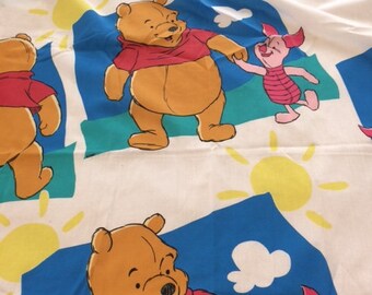 Vintage Winnie the Pooh Blue Clouds Sun Twin Sheet Set Flat Fitted Pillowcase Fabric