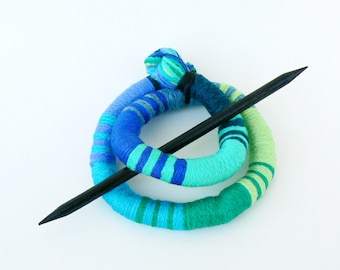 Ethnic bun holder, Stick Slide Fascinator, Shawl brooch, Large hair barrette, Thick hair clip Turquoise pin slide Ponytail holder green blue