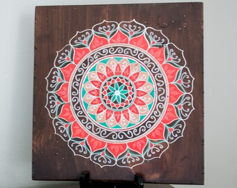 Mandala Art- Mandala on Distressed Wood- Mandala Wall Hanging- Mandala Decor- Red Mandala