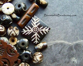 Carved Bone, Bone Bead, Tribal Bead, Assortment, Mixed, Batik Bone, Tube Bead, Spacer, Rondelle, Square Bead, Round Bead, Unique, 1 Ounce
