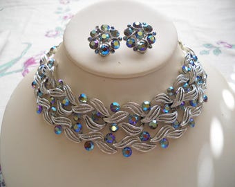 Vintage Lisner Necklace Bracelet Earrings Set Aurora Borealis Rhinestones FREE SHIPPING