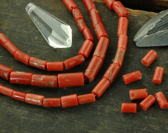 The Real Thing: Natural Italian Coral Beads / 8" strand, 5x10mm / Red, Undyed Tube Barrel Beads / Organic, Earthy Jewelry Making Supplies