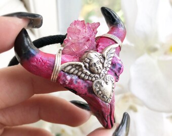 On Wings Of An Angel - Pink Angel Aura Quartz w/ Vintage Adornments - Enlightened Longhorn Necklace