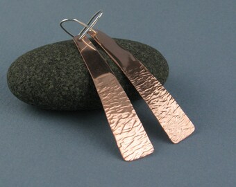 Long Textured Copper Earrings on Sterling Silver Earwires, Handmade