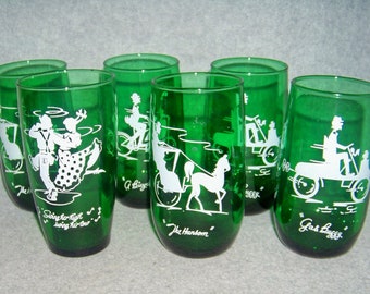 Forest Green Gay Nineties Roly Poly Tumbler Anchor Hocking 4 Design Set of 6