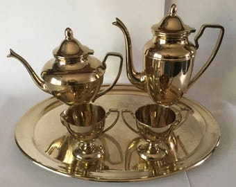 DIRILYTE Dirigold Regal Coffee Teapot Creamer Sugar Tray Tea Set Goldware 1962