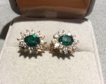 Green Rhinestone Clip Earrings