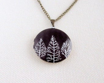 Forest Locket, Black and White Trees, Geometric Monochrome Brass Altered Art Necklace
