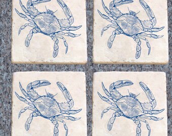 Blue Crab,Coasters Illustration Heat Set, Set of 4Tumbled Marble