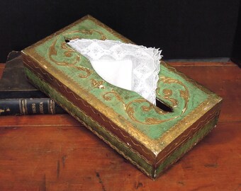 Vintage Italian Florentine Wood Tissue / Kleenex Box Holder / Green and Gold Florentine Tissue Box