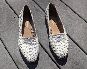 Vintage White Leather Woven Flats, 7.5