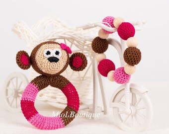 Monkey Baby Rattle Crochet Marmoset SET of 2 Baby toy Teething baby toy Grasping Teething Toys Stuffed toys gift for baby