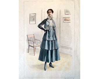 1916 ANTIQUE FRENCH FASHION lithograph - original antique print - fashion illustration design fashion designer - green summer dress