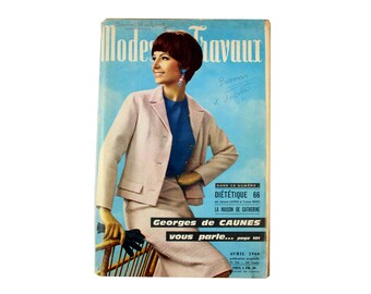 Modes & Travaux, Vintage spring French fashion magazine with a dress pattern,1966 fashion news, novel and pattern