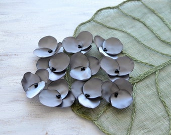 Hydrangea Blossoms- Fabric flowers, satin sew on flower appliques, floral embellishments for crafts, grey fabric flowers bulk (10 pcs)- GRAY