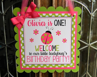 Ladybug Birthday Party Personalized Welcome Door Sign in Pink and Green - Ladybug Party Decorations - Ladybug Door Hanger - Ladybugs Decor
