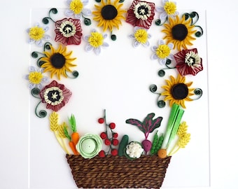Quilled Paper Art/Quilled Basket with Flowers/Quilled Vegetables/Paper Wall Hanging