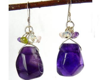 Large Faceted Amethyst Nuggets Drops with Semi Precious Bead Dangle Earrings