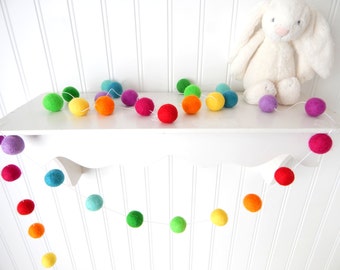 Kids Decor, Rainbow Felt Ball Garland, Nursery Garland, Pom Pom Garland, Birthday Garland, Bunting, Cake Smash, Baby Shower, Playroom Decor
