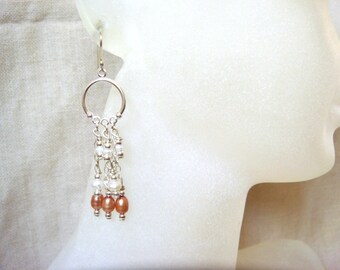 Sterling Silver Earrings, Cultured Freshwater Pearls, Sterling Silver Jewelry, Orange White Bridal Wedding, Chandelier Drop Earrings Gift