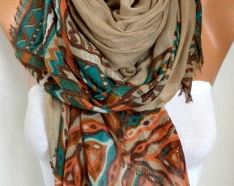 Beige Tribal Cotton Scarf, Bohemian Shawl, Fall, Oversize Wrap Pareo Gift Ideas For Her Women Fashion Accessories Women Scarves