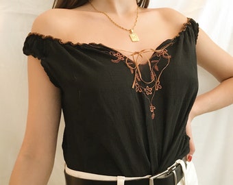 Vintage Black Peasant Off Shoulder Tank Top