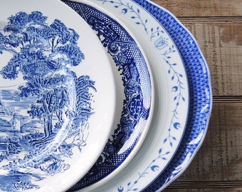 Mismatched Blue and White Dinner Plates for Weddings Set of 4 English Blue Transferware English China, Rustic Replacement China