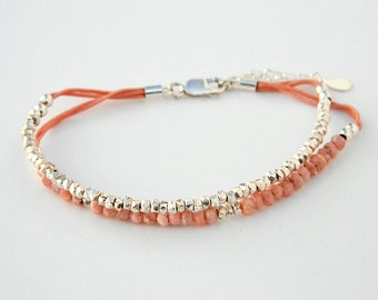 Sterling silver bracelet. Silver beaded bracelet. Rhodochrosite bracelet. Friendship bracelet. Gemstone bracelet. Tiny silver beads.GE018