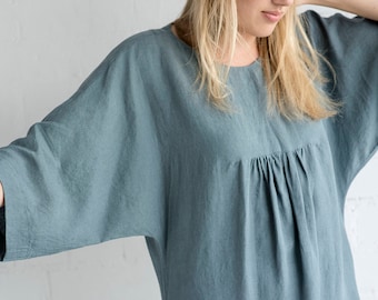 Linen Dress Motumo - 17S1 / Handmade loose linen summer dress with kimono sleeves / Washed linen dress