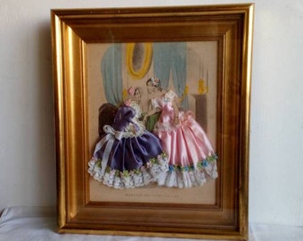 Romantic Paris Fashion Engraving with Pink and Purple Victorian Ladies, Embellished Print,