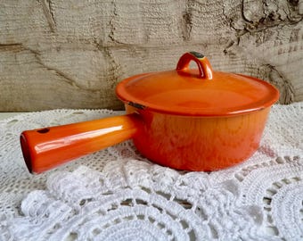 Vintage ORANGE ENAMEL PAN, Bright Colored Pot with Handle and Lid. Diameter 16cm or 6.3 ". Ancient Cookware.