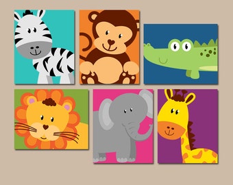JUNGLE Animal Wall Art, Jungle Animal Nursery Decor, Canvas or Prints, Gender Neutral Nursery Art, Jungle Animals PLAYROOM Decor, Set of 6