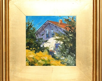 California Farm House Painting, Original Painting, Oil Painting, Landscape Painting, small with Gold Frame, Small Landscape Painting, CA