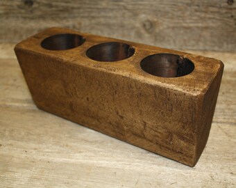 3 Hole Wooden Sugar Mold Wood Candle Holder Primitive