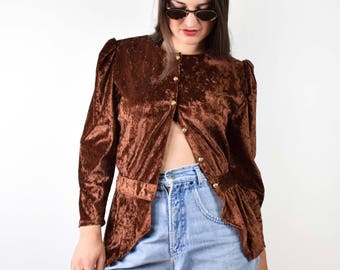 Vintage brown velvet blouse, 80s blouse, puff sleeve blouse, medium size, cuff sleeve blouse, 90s womens clothing