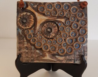 Winblad stoneware plaque fantasy bird / owl. Midcentury Alingsas Keramik Sweden