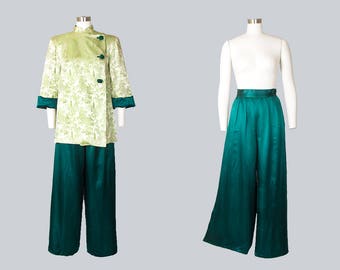 Vintage 1940s Lounge Set | 40s Silk Satin Jacquard Chinese Asian Novelty Jacket High Waisted Wide Leg Pants Suit (medium)