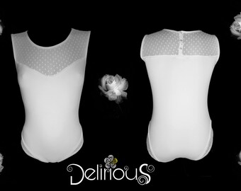 Womens sleeveless collar Bodysuit round FishNet plumetis