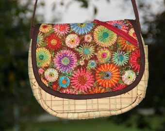 Stitched Plaid handbag - Green and Brown with Floral