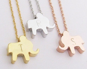 Personalized Elephant Necklace, Elephant Jewelry, Initial Necklace, Animal Jewelry, Personalized Jewelry, Rose Gold Silver Necklace