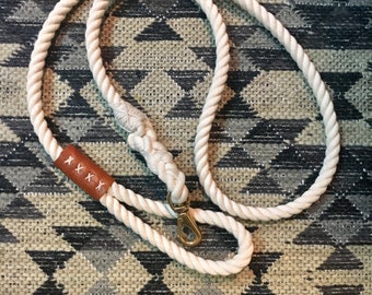 6-8Ft. Organic Cotton Rope Leash Lg. Breed with Recycled Leather Accent or Handle