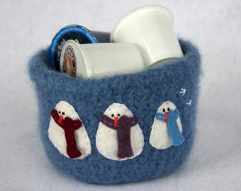 blue wool felted bowl with snowman family trio
