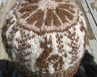 Knit Alpaca Hat for Men and Women, Fair Isle Knit Beanie, Brown, Tan, and White Winter Hat, Large